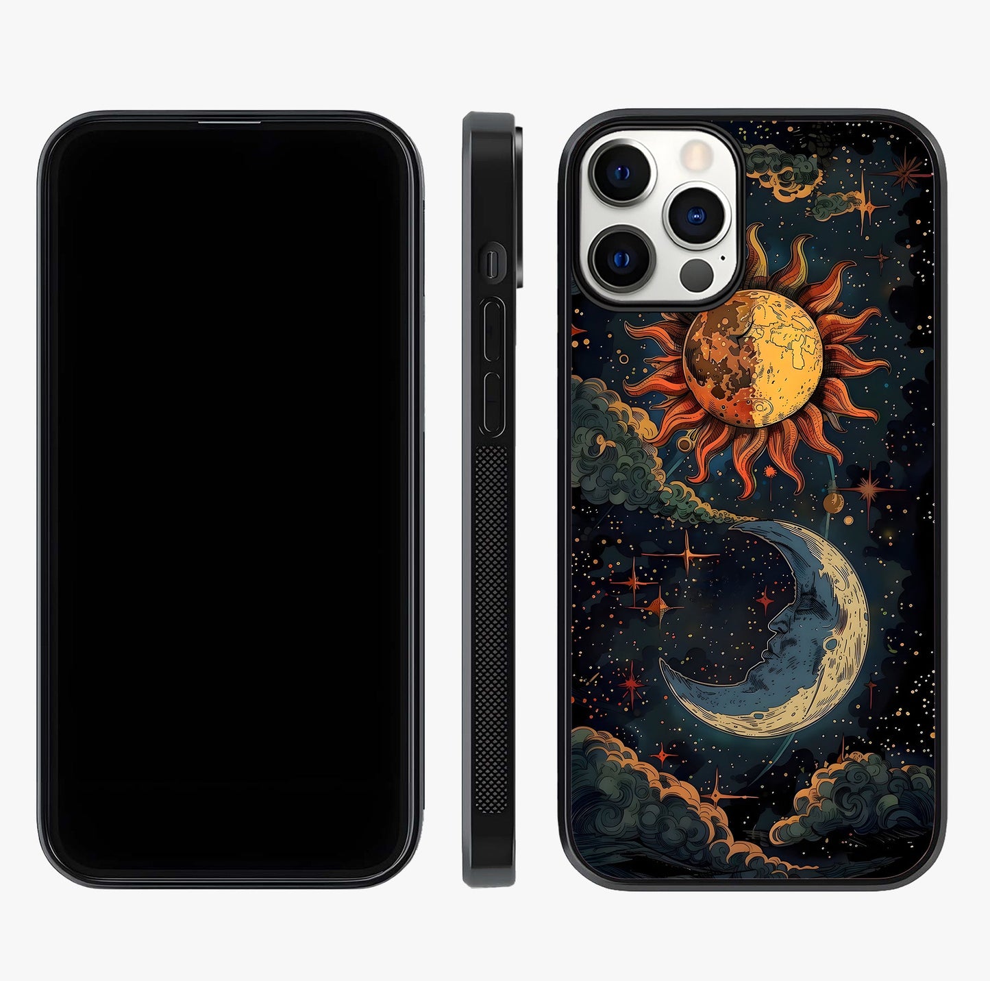 Sun And Moon Magic Design Glass Case displayed upright for full design visibility and premium finish.