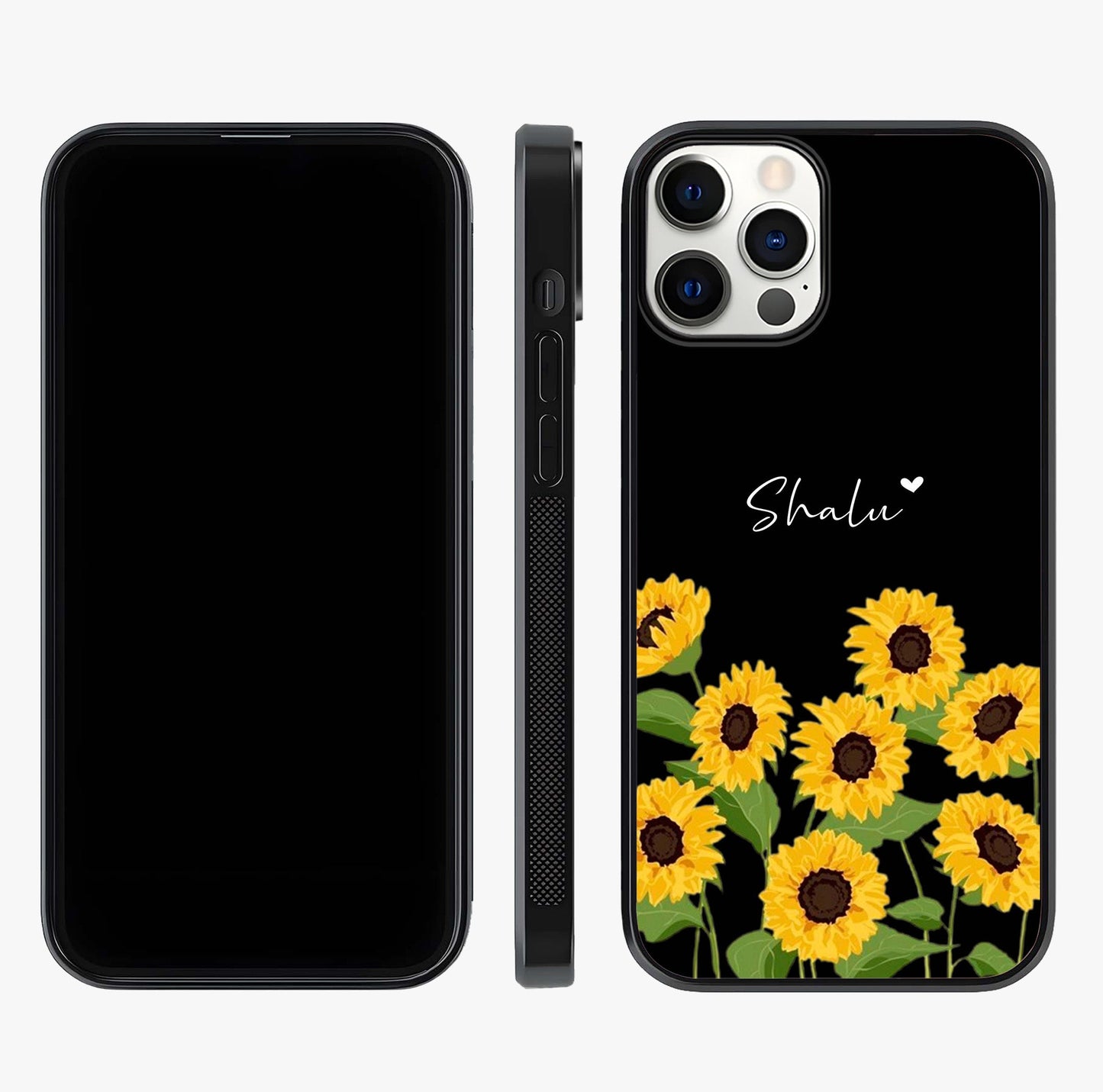 Sunflower Chic Mood Custom Name Glass Case displayed upright for full design visibility and premium finish.