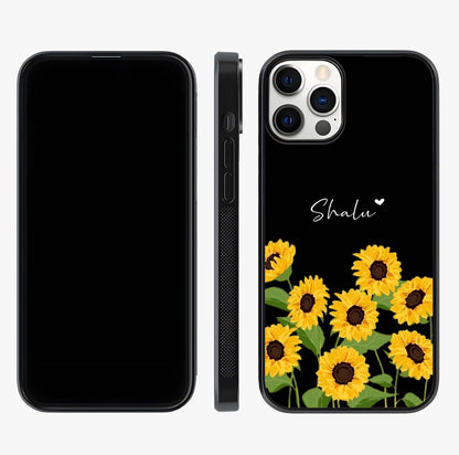 Sunflower Chic Mood Custom Name Glass Case displayed upright for full design visibility and premium finish.