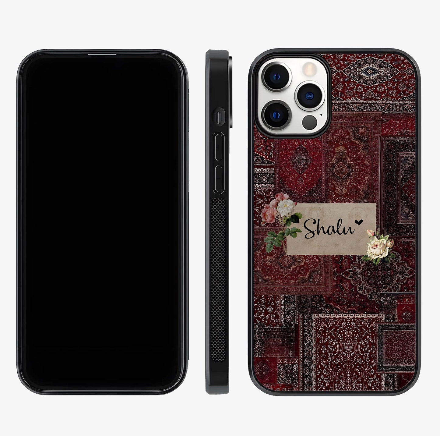 Velvet Wine Pattern Custom Name Glass Case displayed upright for full design visibility and premium finish.