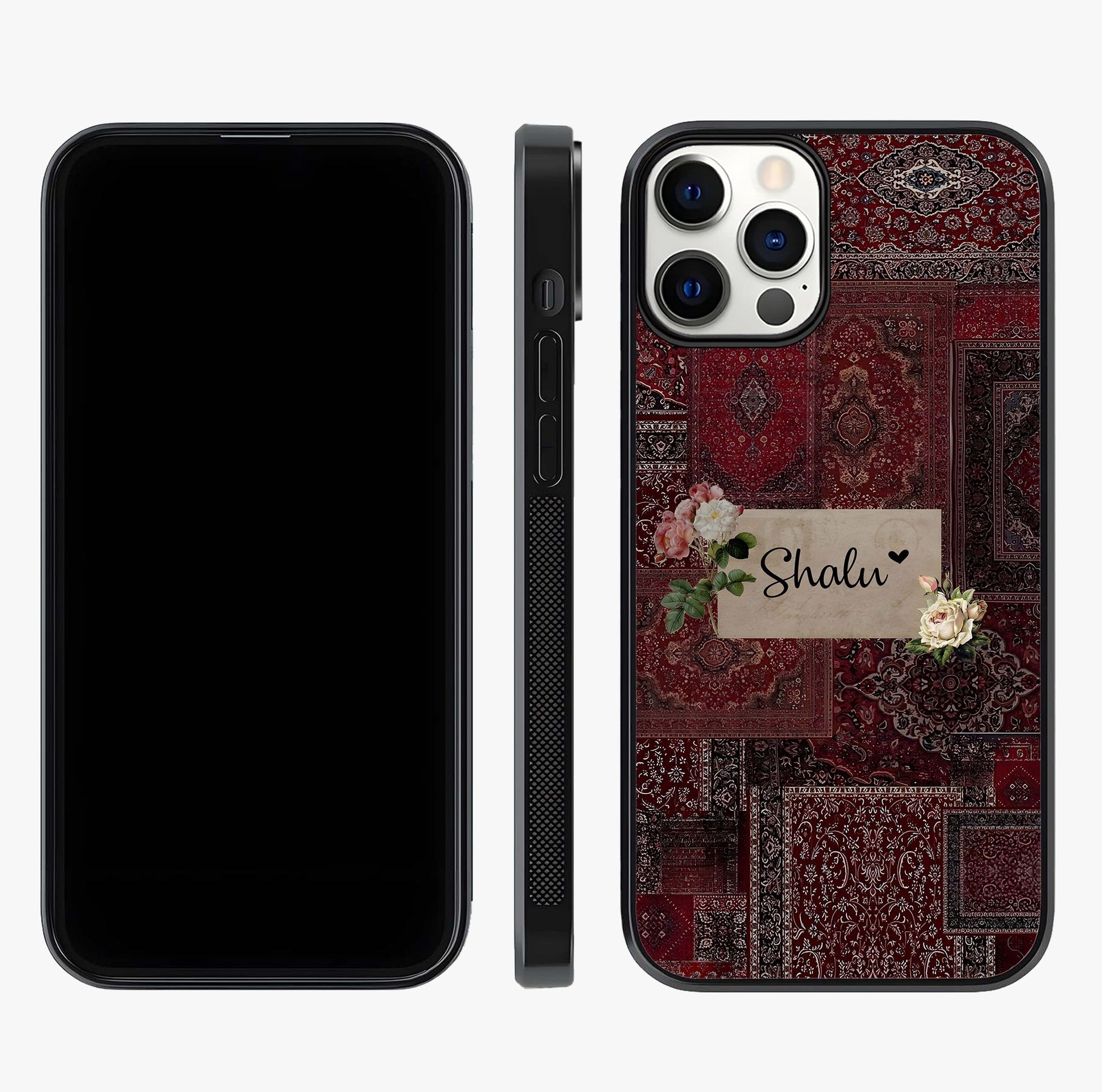 Velvet Wine Pattern Custom Name Glass Case displayed upright for full design visibility and premium finish.