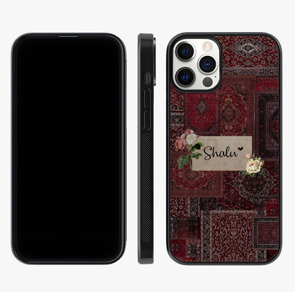 Velvet Wine Pattern Custom Name Glass Case displayed upright for full design visibility and premium finish.