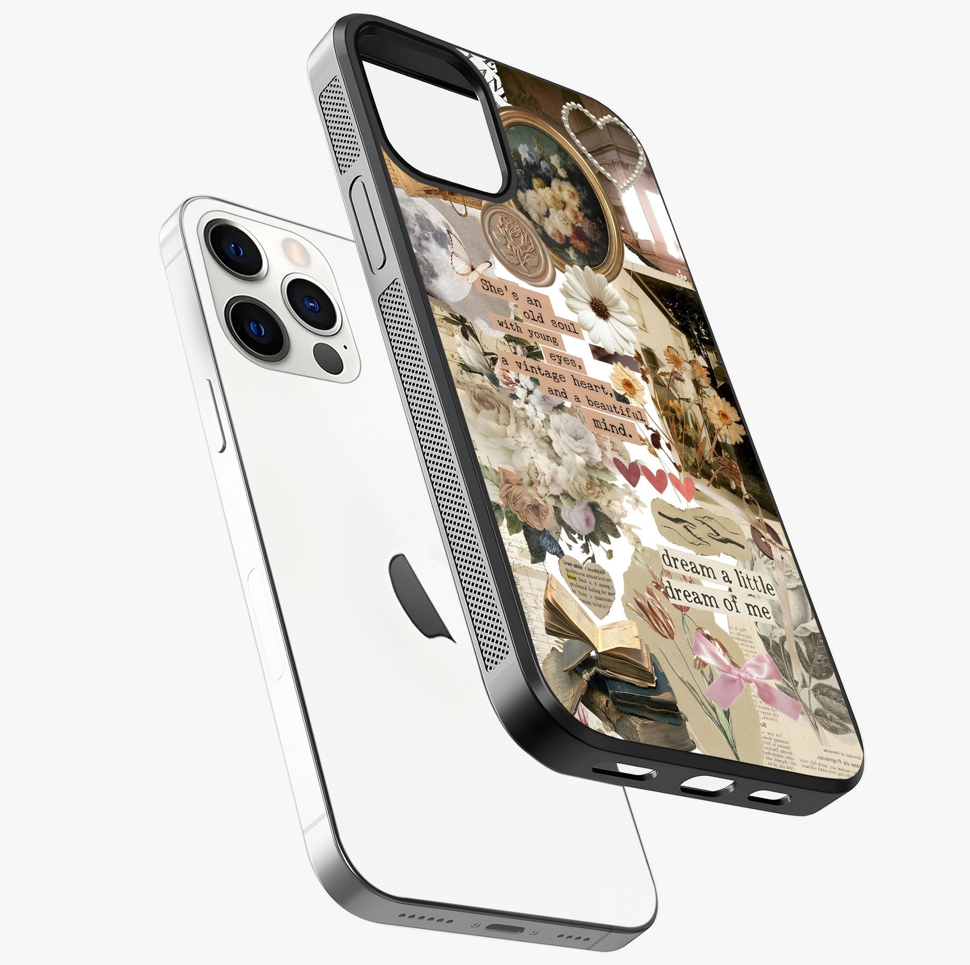 Aesthetic Brown Vintage Collage Glass Case laid diagonally highlighting side profile, edges and glossy glass shine.
