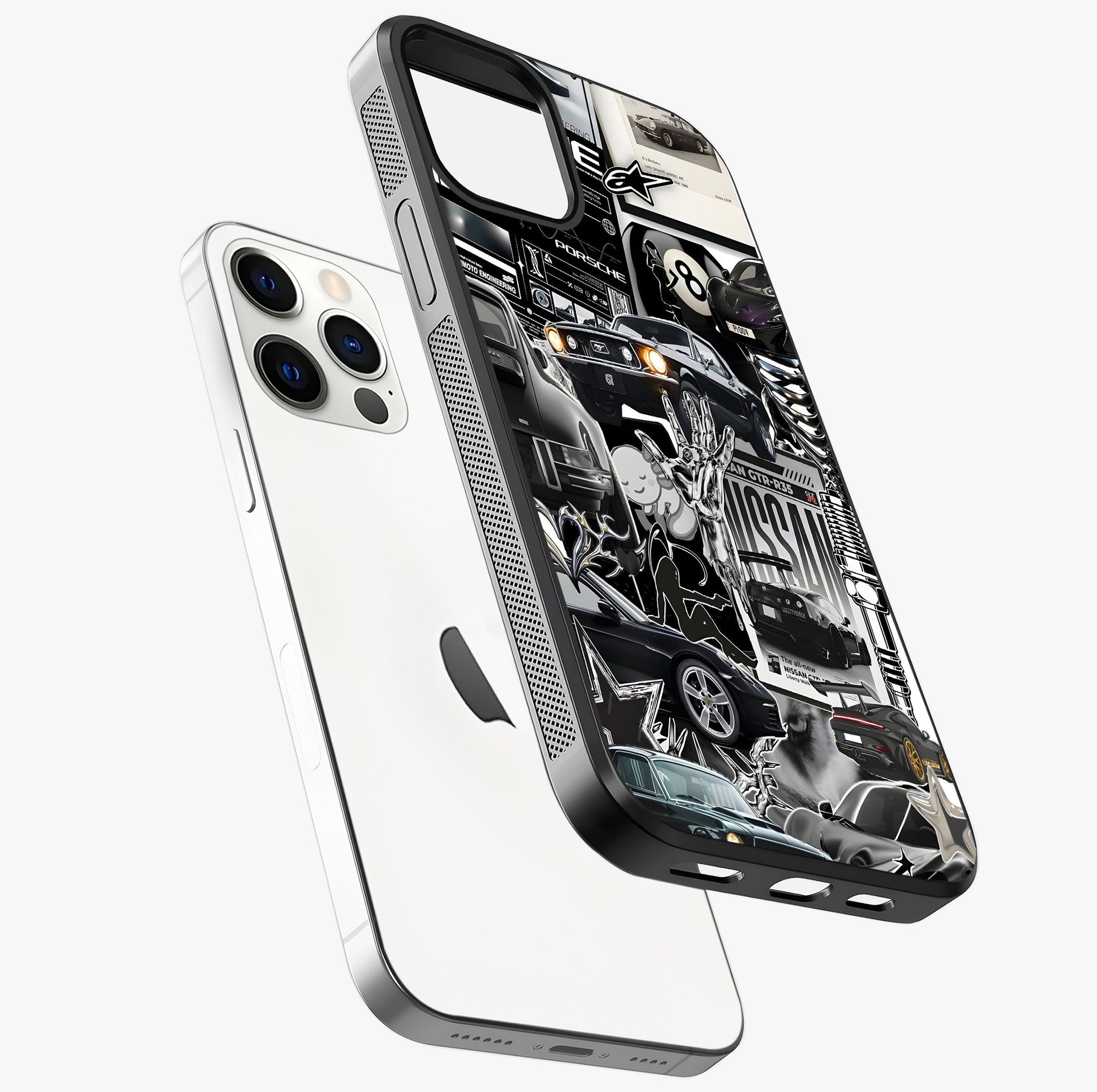 Aesthetic Dark Love Glass Case laid diagonally highlighting side profile, edges and glossy glass shine.