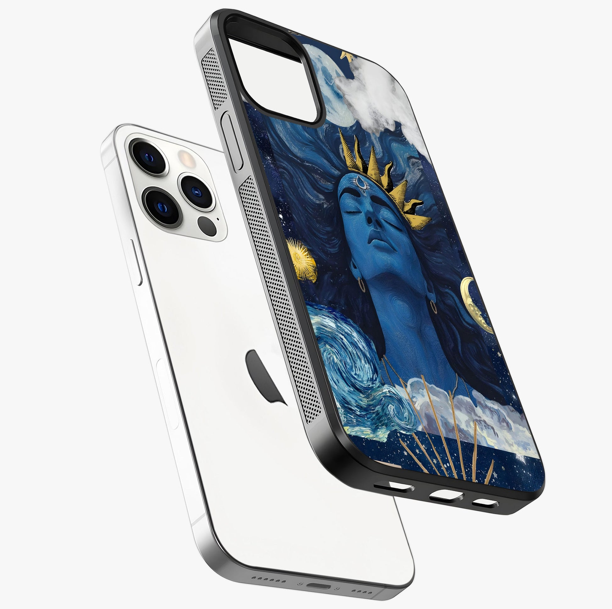 Aesthetic Lord Shiva Glass Case laid diagonally highlighting side profile, edges and glossy glass shine.