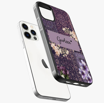 Antique Floral Whisper Custom Name Glass Case laid diagonally highlighting side profile, edges and glossy glass shine.