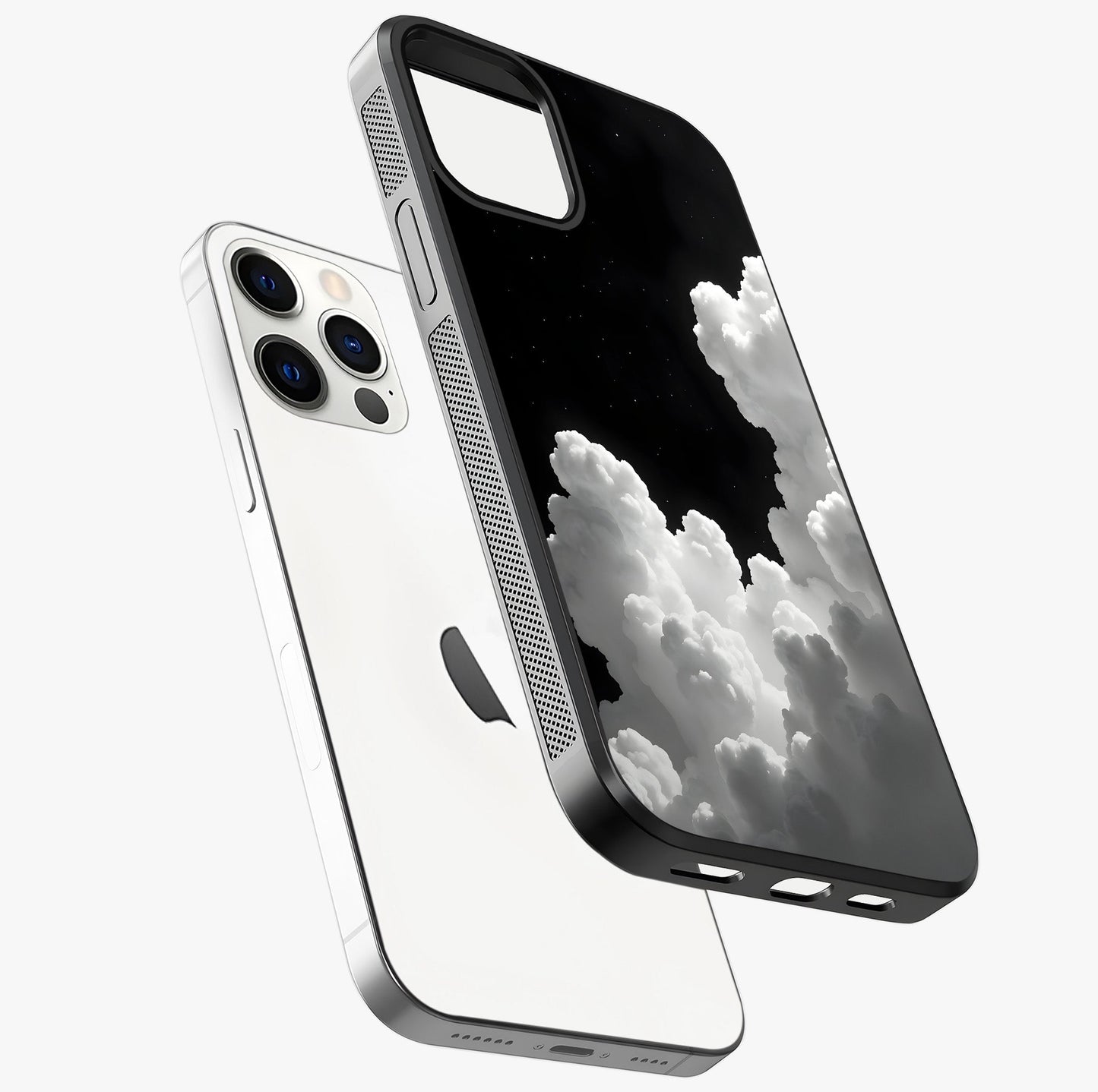 Black Background With White Cloud Glass Case laid diagonally highlighting side profile, edges and glossy glass shine.