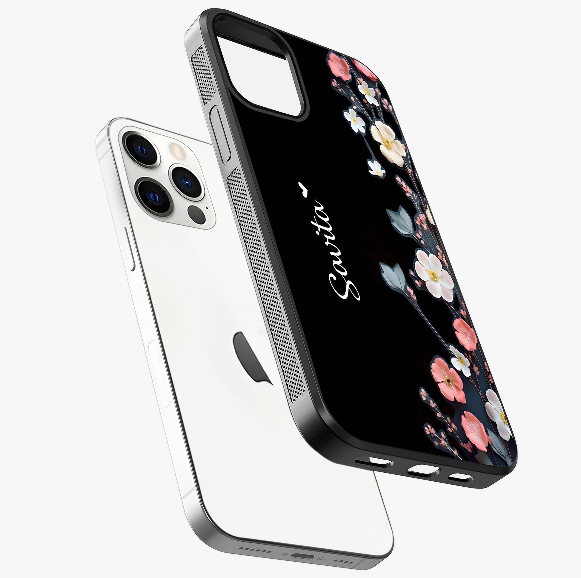 Black Elegance Floral Custom Name Glass Case laid diagonally highlighting side profile, edges and glossy glass shine.