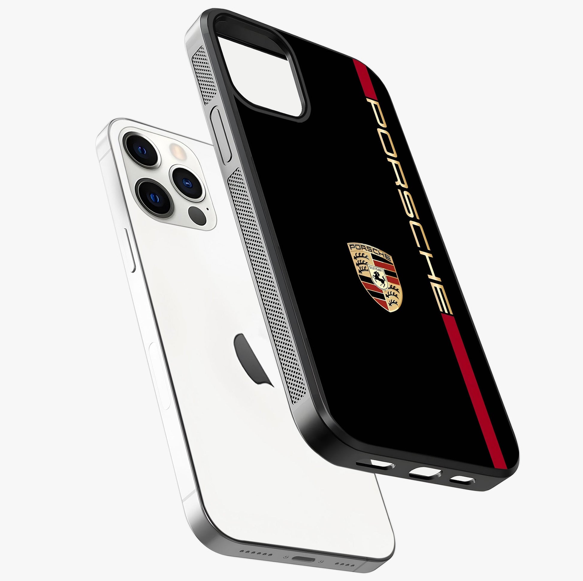 Black Minimal Porsche Glass Case laid diagonally highlighting side profile, edges and glossy glass shine.