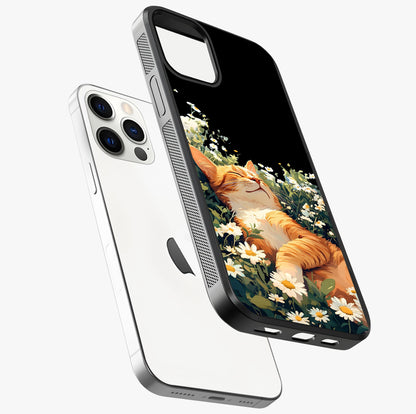 Blissful Bloom Cat Glass Case laid diagonally highlighting side profile, edges and glossy glass shine.