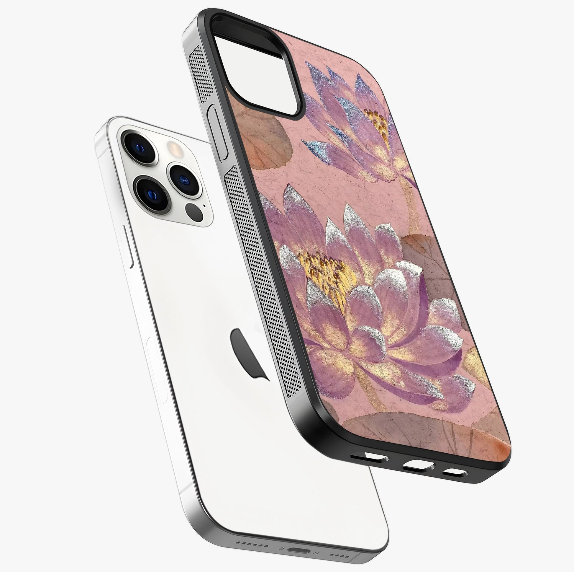 Blossom Mist Lotus Glass Case laid diagonally highlighting side profile, edges and glossy glass shine.