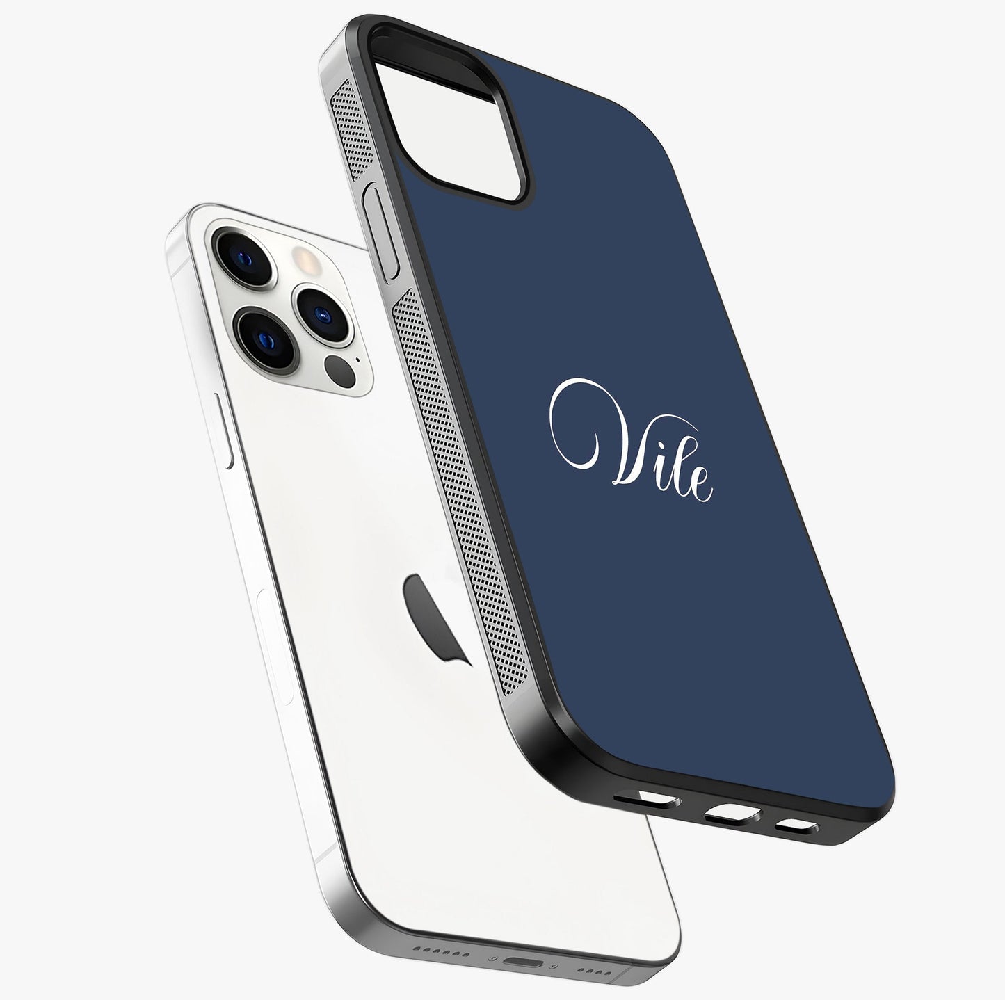 Blue Background Personalized Custom Name Glass Case laid diagonally highlighting side profile, edges and glossy glass shine.