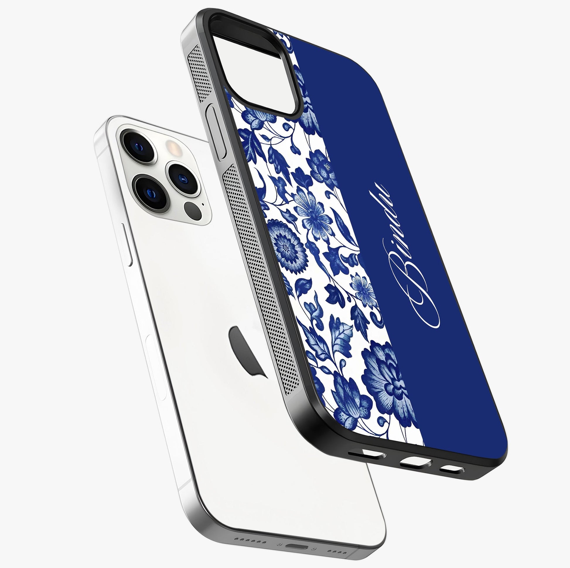 Blue Vintage Floral Pattern Glass Case laid diagonally highlighting side profile, edges and glossy glass shine.