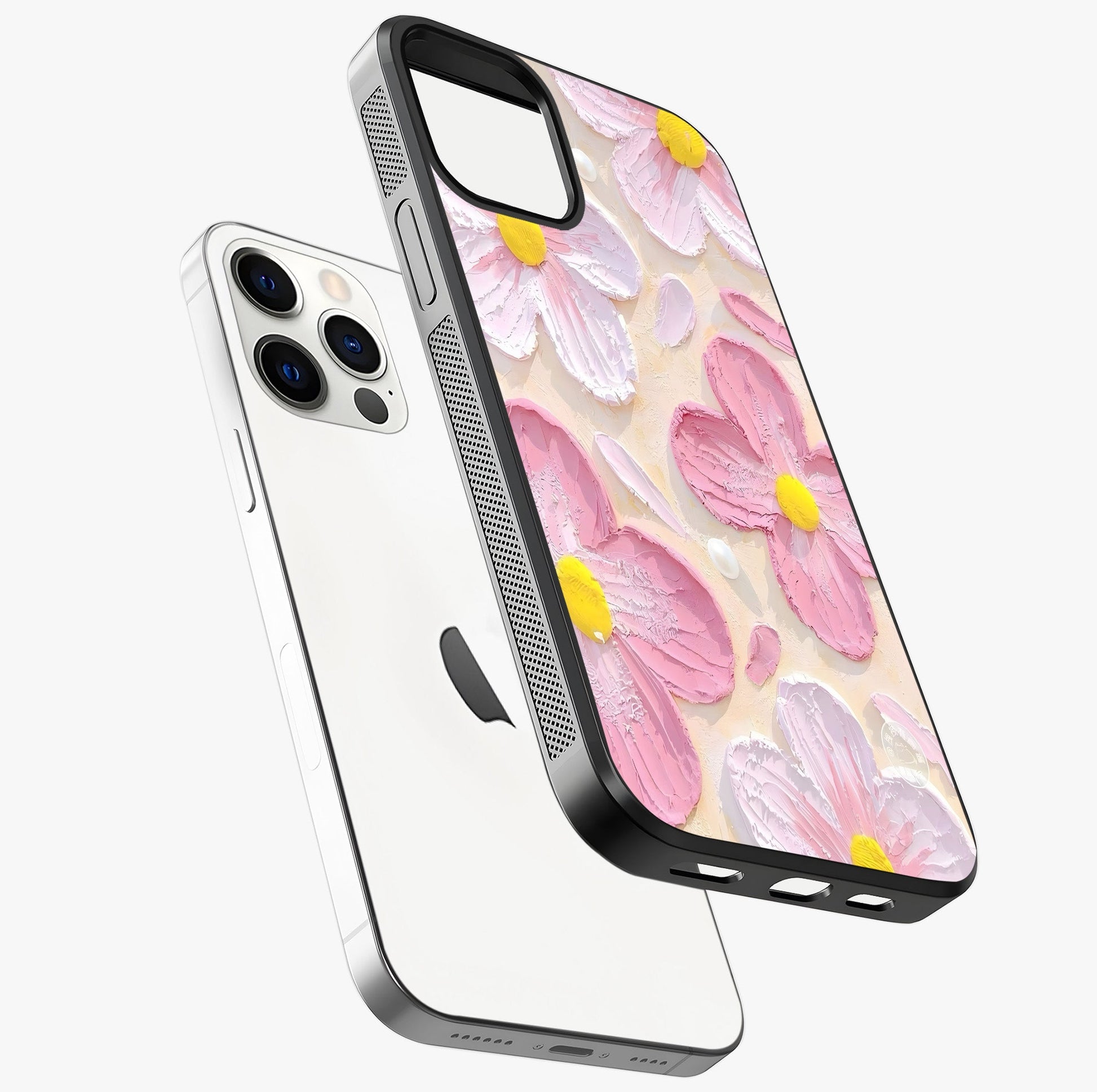 Blush Bloom Texture Glass Case laid diagonally highlighting side profile, edges and glossy glass shine.