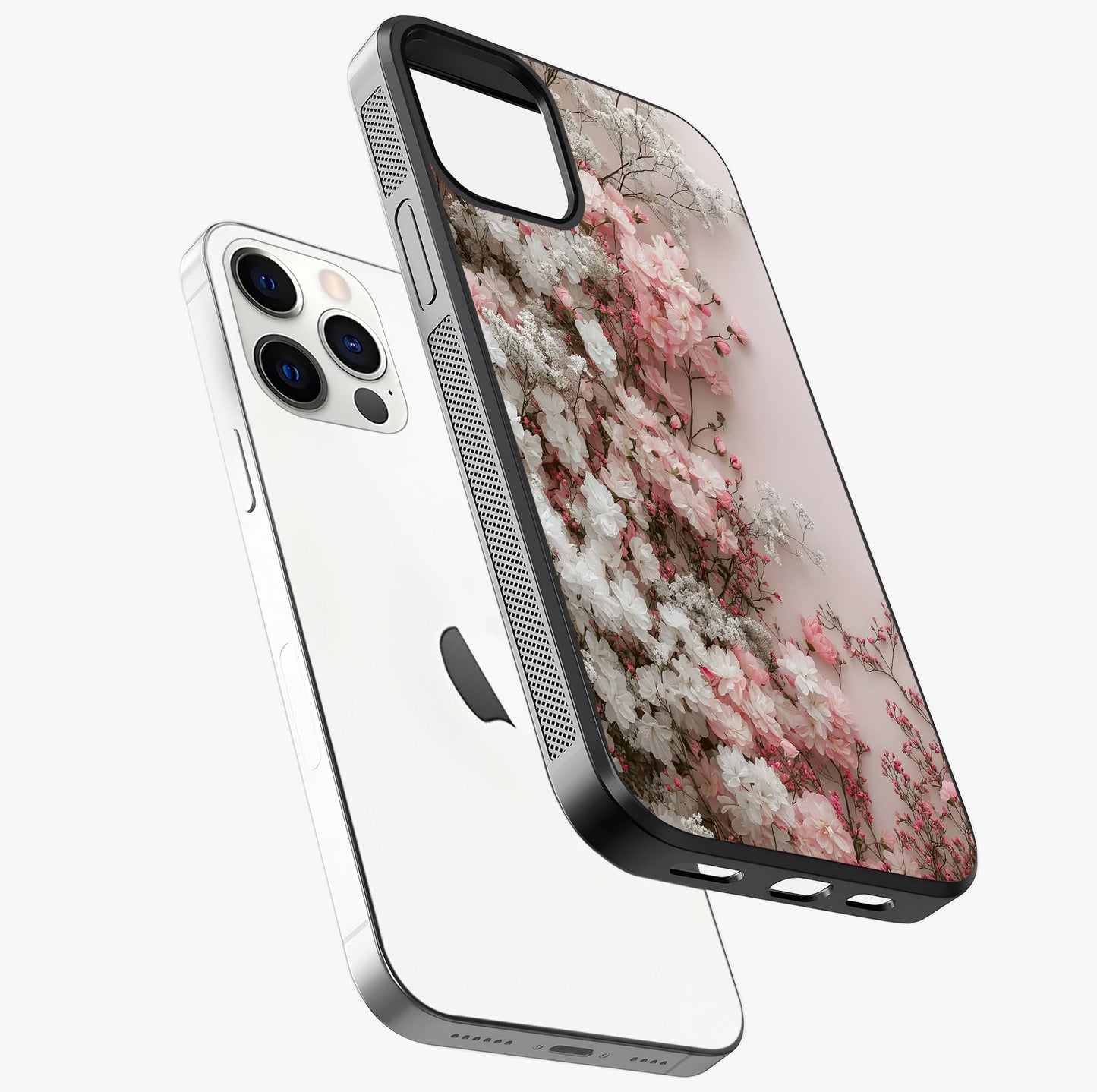 Blush Blossom Cloud Glass Case laid diagonally highlighting side profile, edges and glossy glass shine.