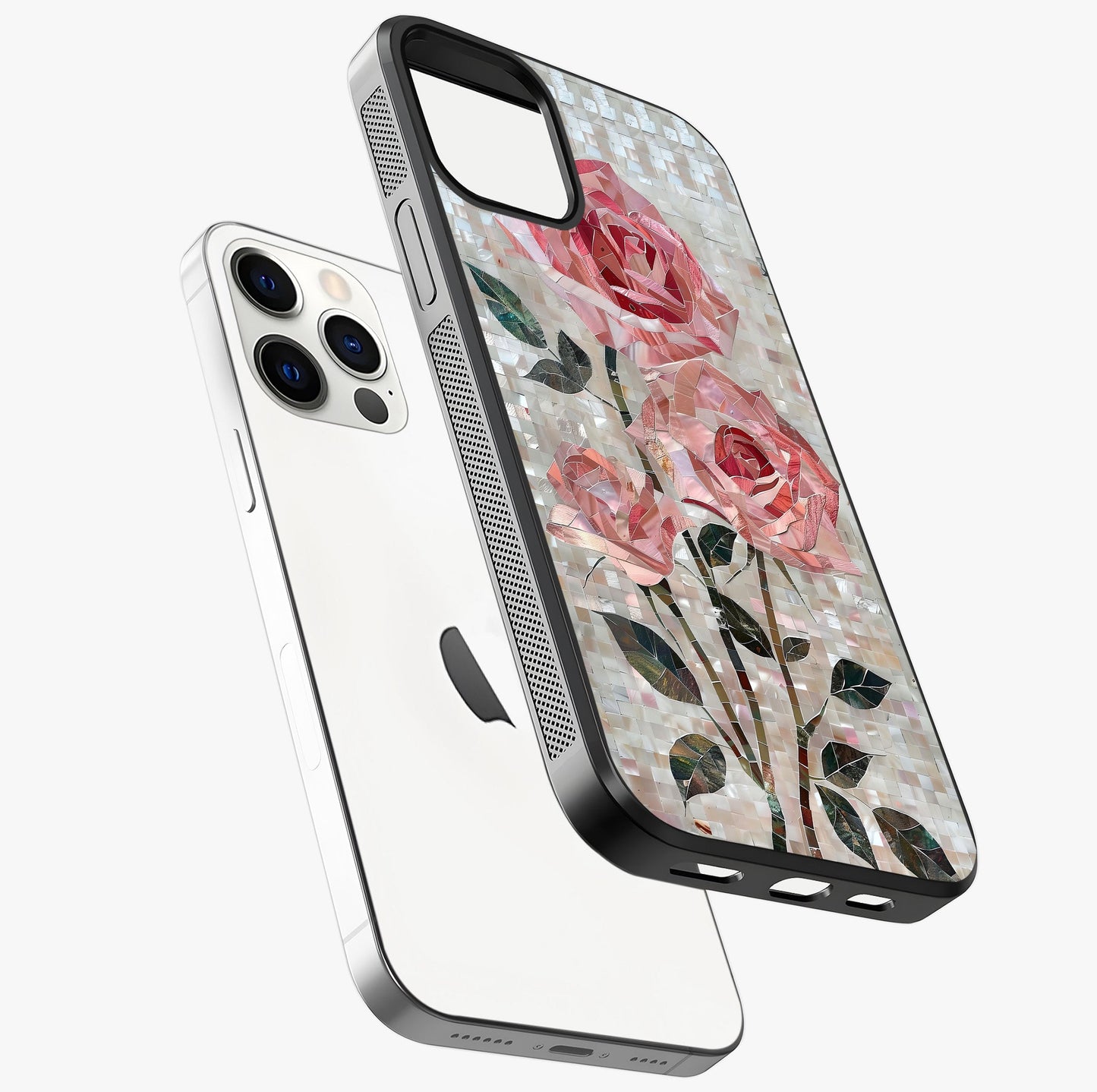 Blush Mosaic Bloom Glass Case laid diagonally highlighting side profile, edges and glossy glass shine.