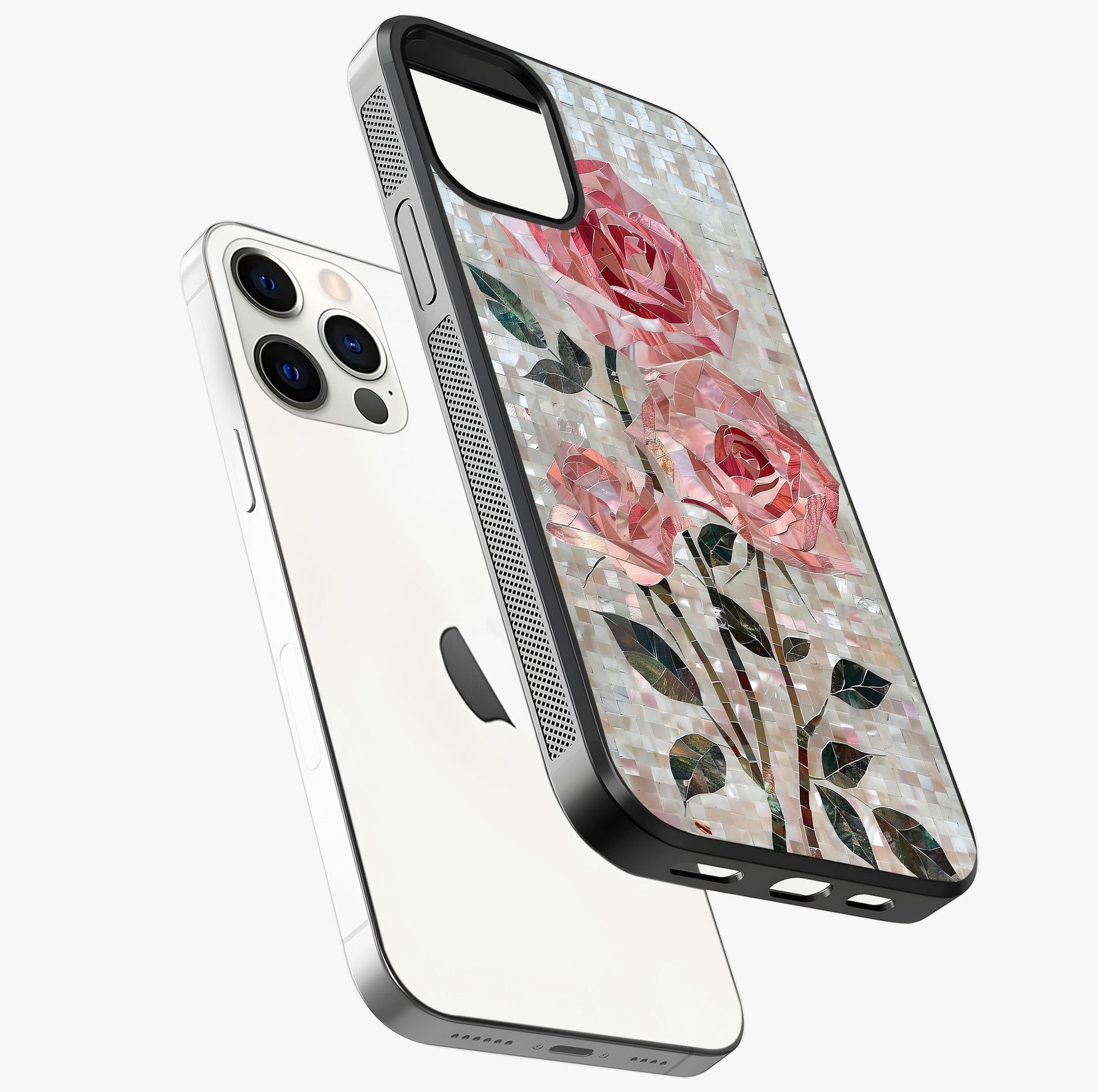 Blush Mosaic Bloom Glass Case laid diagonally highlighting side profile, edges and glossy glass shine.