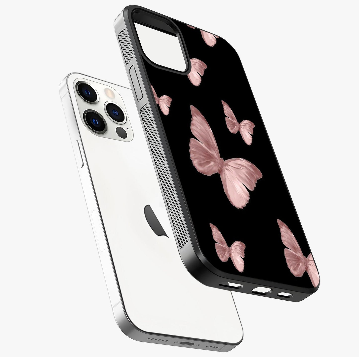 Butterfly Pattern Glass Case laid diagonally highlighting side profile, edges and glossy glass shine.