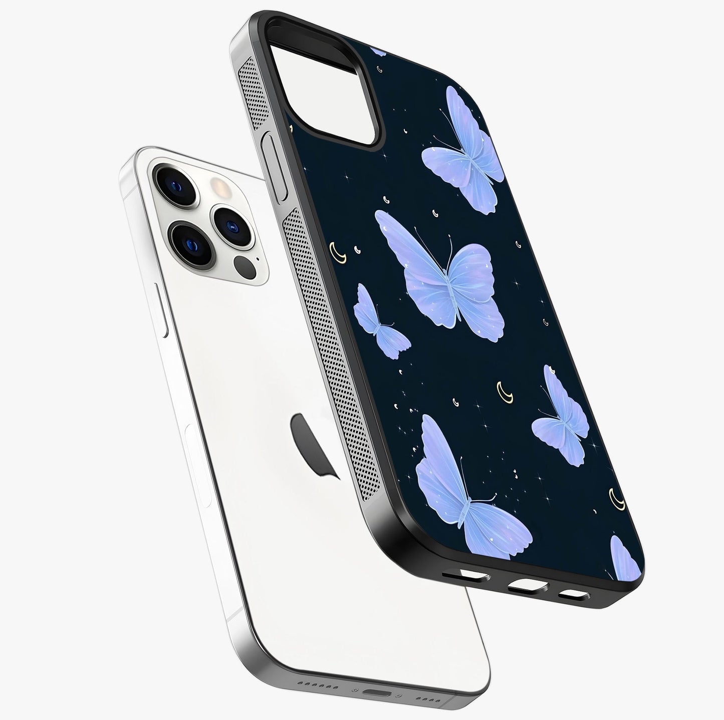 Butterfly With Stars Pattern Glass Case laid diagonally highlighting side profile, edges and glossy glass shine.