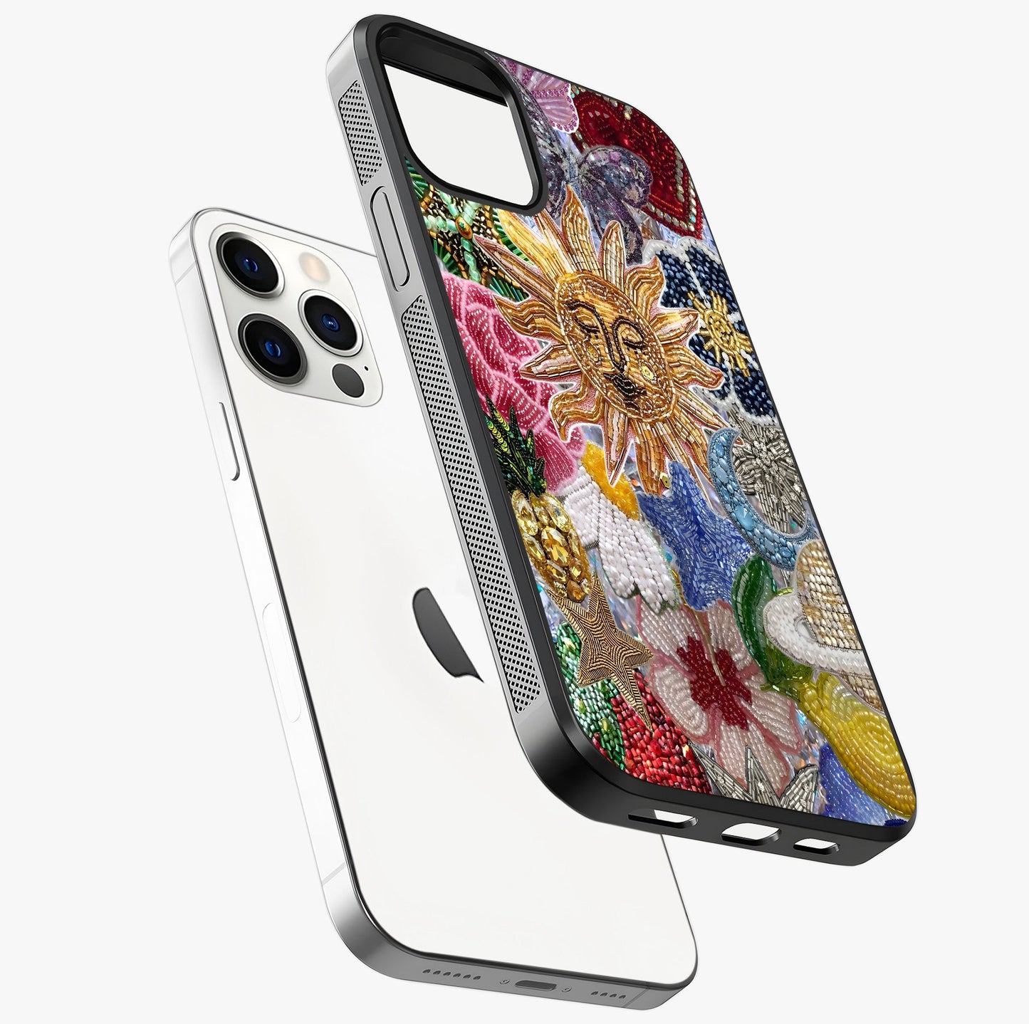 Celestial Floral And Playful Glass Case laid diagonally highlighting side profile, edges and glossy glass shine.