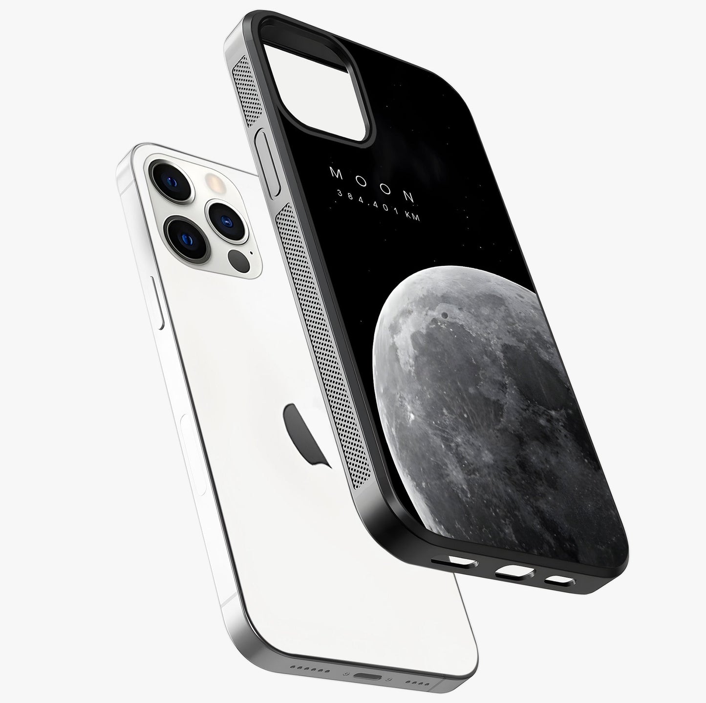 Cosmic Moon Glow Glass Case laid diagonally highlighting side profile, edges and glossy glass shine.