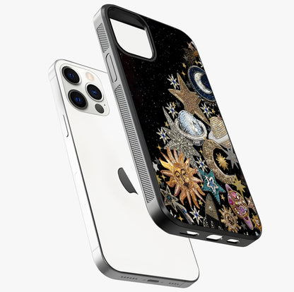 Cosmic Sparkle Dreams Glass Case laid diagonally highlighting side profile, edges and glossy glass shine.