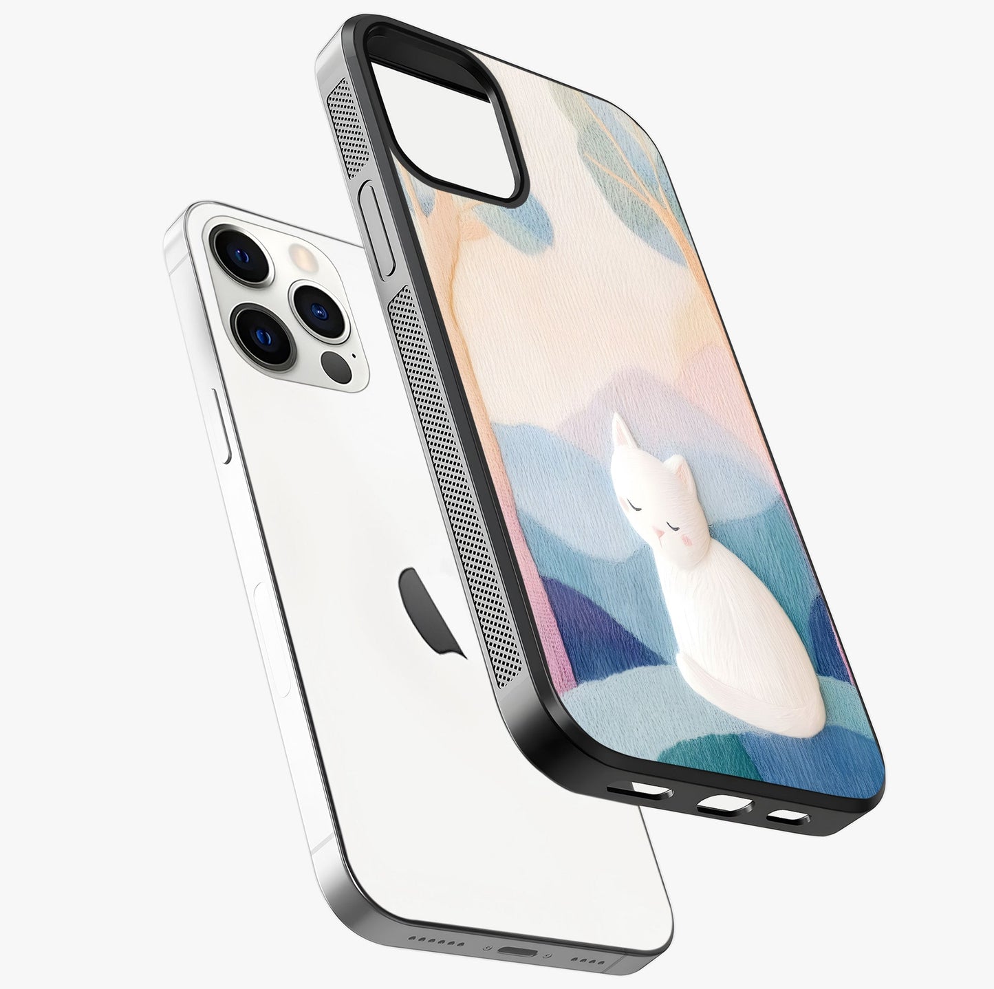 Cotton Dream Cat Glass Case laid diagonally highlighting side profile, edges and glossy glass shine.