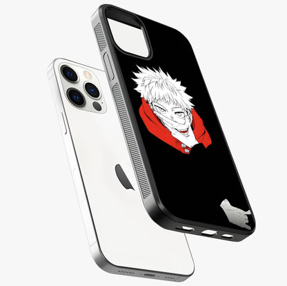 Crimson Chaos Smile Glass Case laid diagonally highlighting side profile, edges and glossy glass shine.