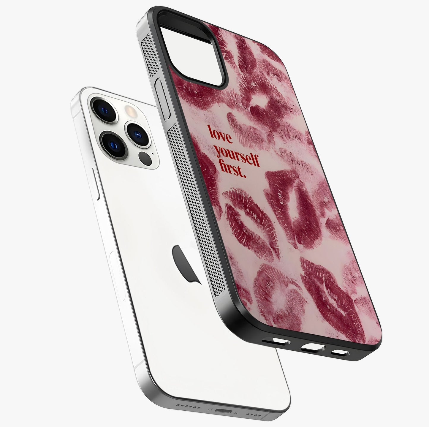 Crimson Kiss Love Glass Case laid diagonally highlighting side profile, edges and glossy glass shine.