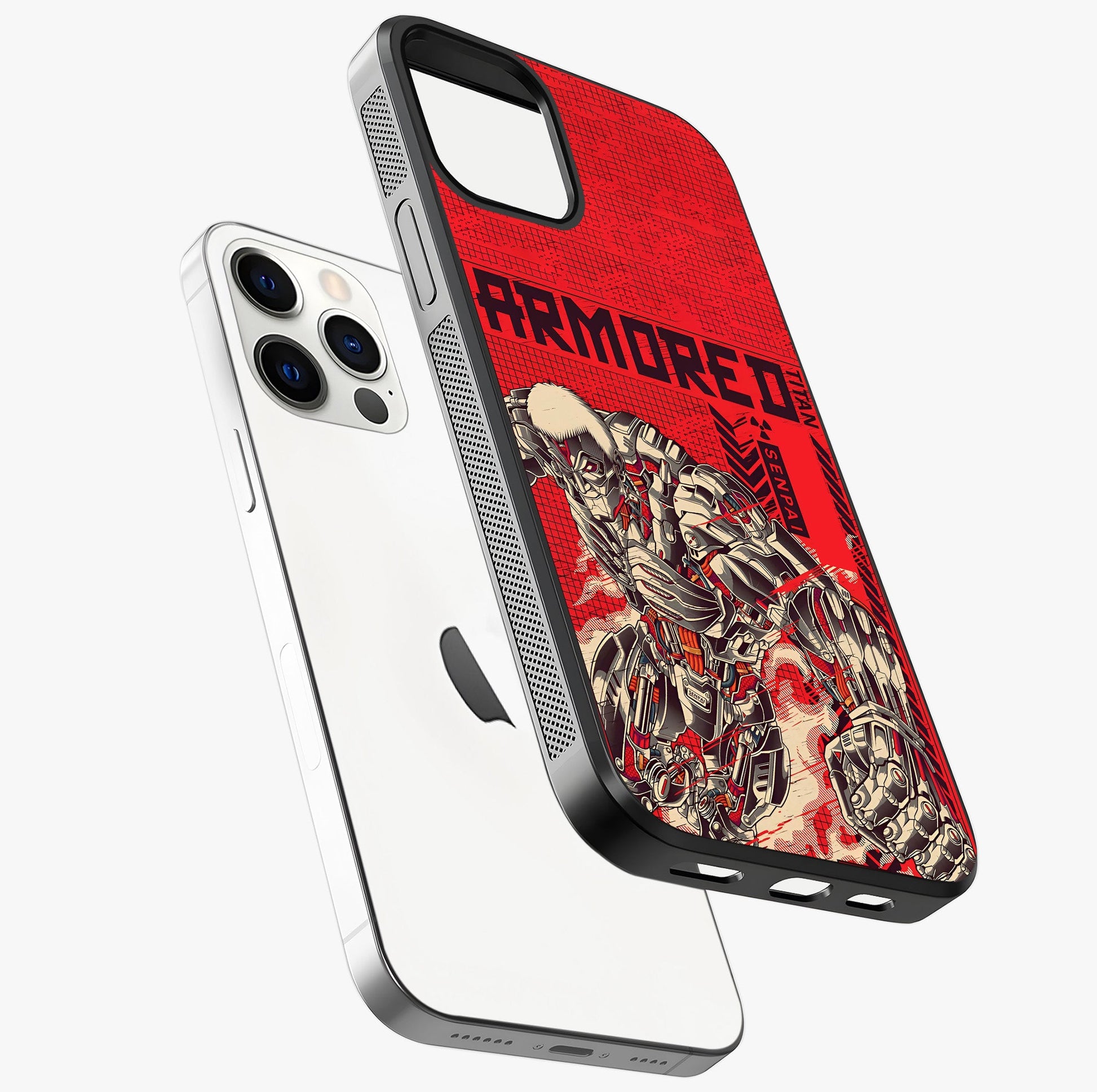 Crimson Mecha Titan Glass Case laid diagonally highlighting side profile, edges and glossy glass shine.