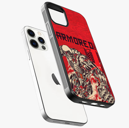 Crimson Mecha Titan Glass Case laid diagonally highlighting side profile, edges and glossy glass shine.