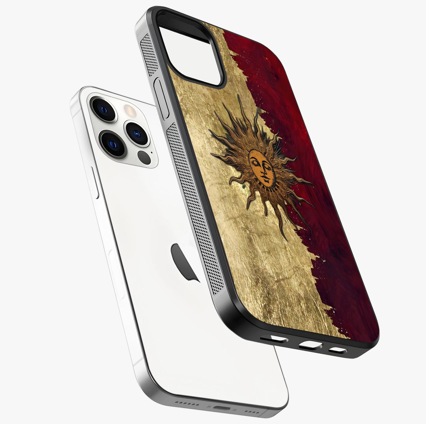 Crimson Sun Majesty Glass Case laid diagonally highlighting side profile, edges and glossy glass shine.