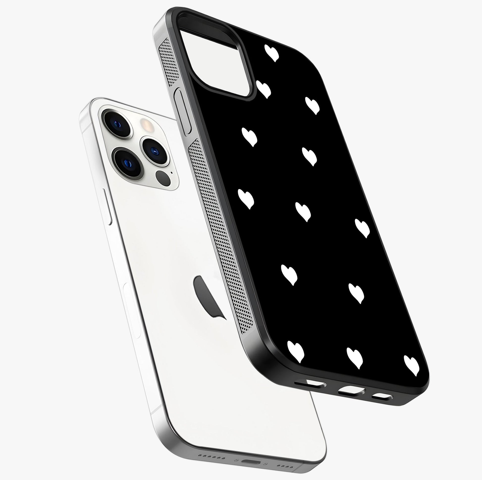 Cute And Simple White Hearts Glass Case laid diagonally highlighting side profile, edges and glossy glass shine.