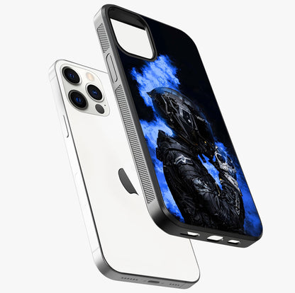 Cyber Sentinel Protocol Glass Case laid diagonally highlighting side profile, edges and glossy glass shine.
