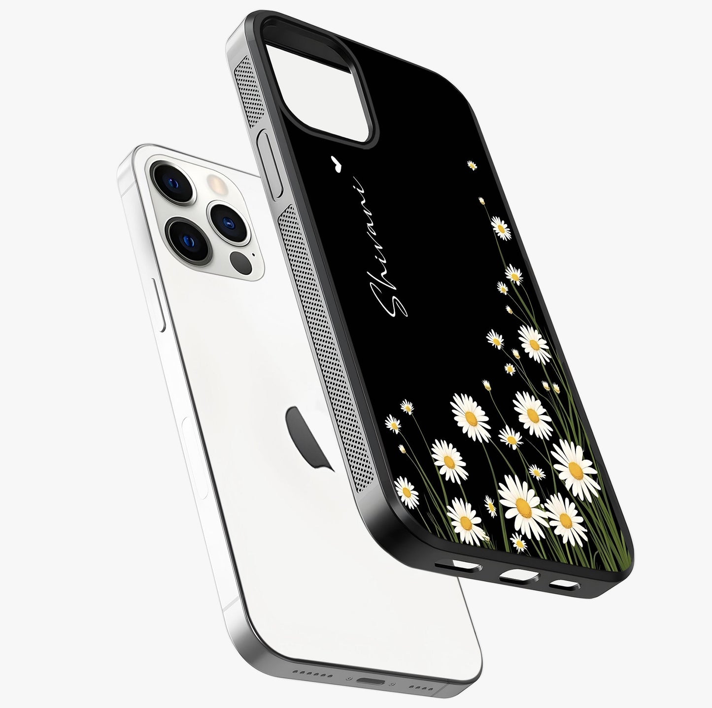 Daisy Cascade Custom Name Glass Case laid diagonally highlighting side profile, edges and glossy glass shine.
