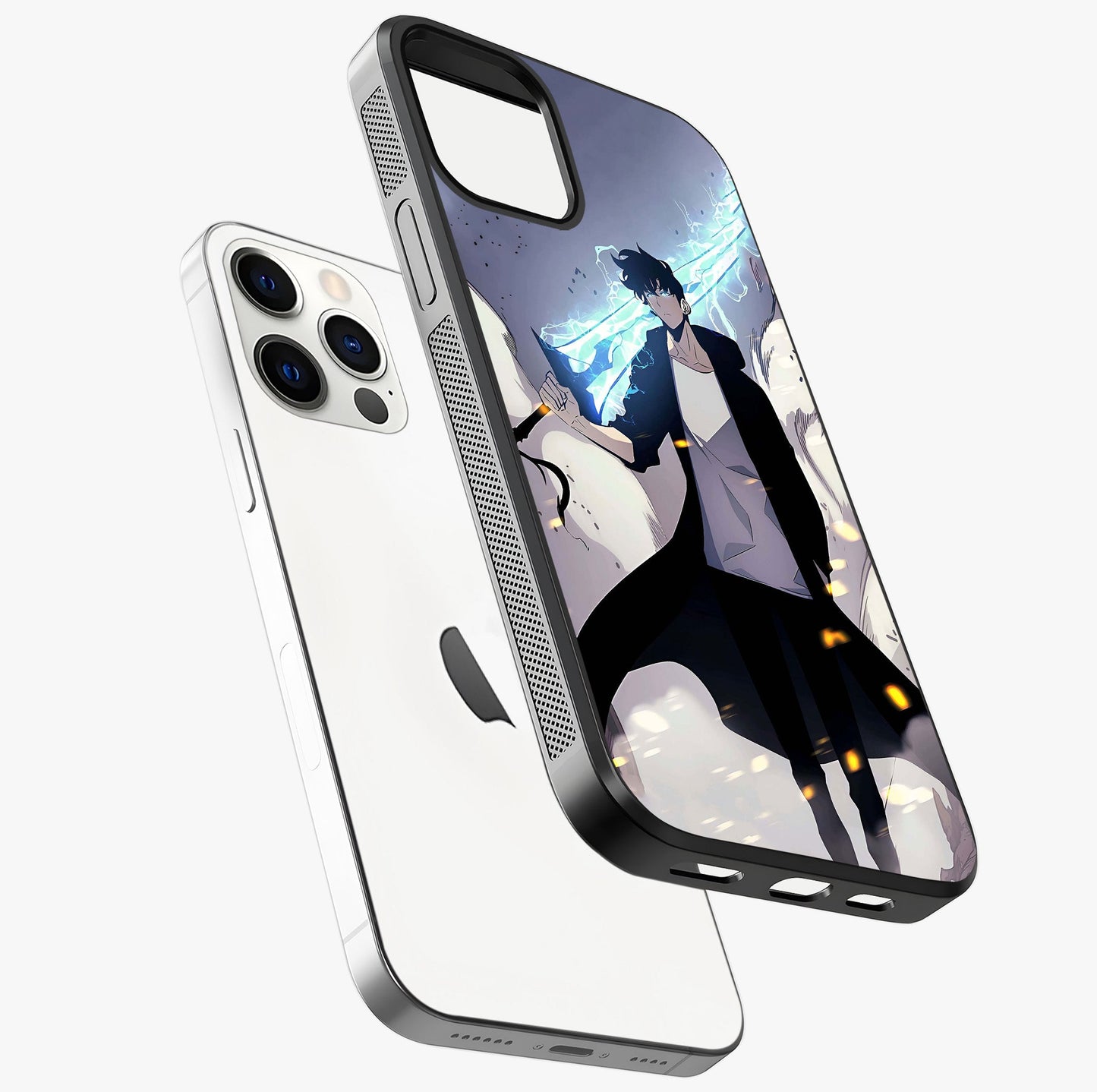 Dark Lightning Anime Warrior Glass Case laid diagonally highlighting side profile, edges and glossy glass shine.
