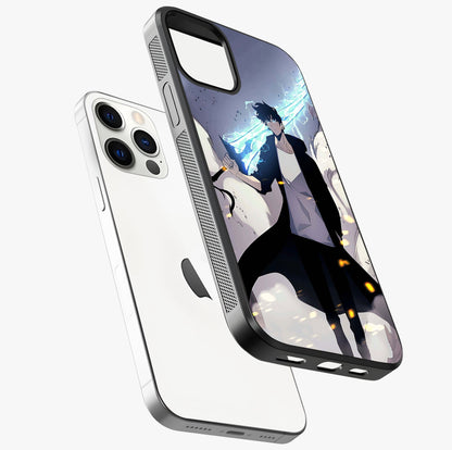 Dark Lightning Anime Warrior Glass Case laid diagonally highlighting side profile, edges and glossy glass shine.