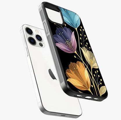 Delicate Multicolor Flowers Glass Case laid diagonally highlighting side profile, edges and glossy glass shine.