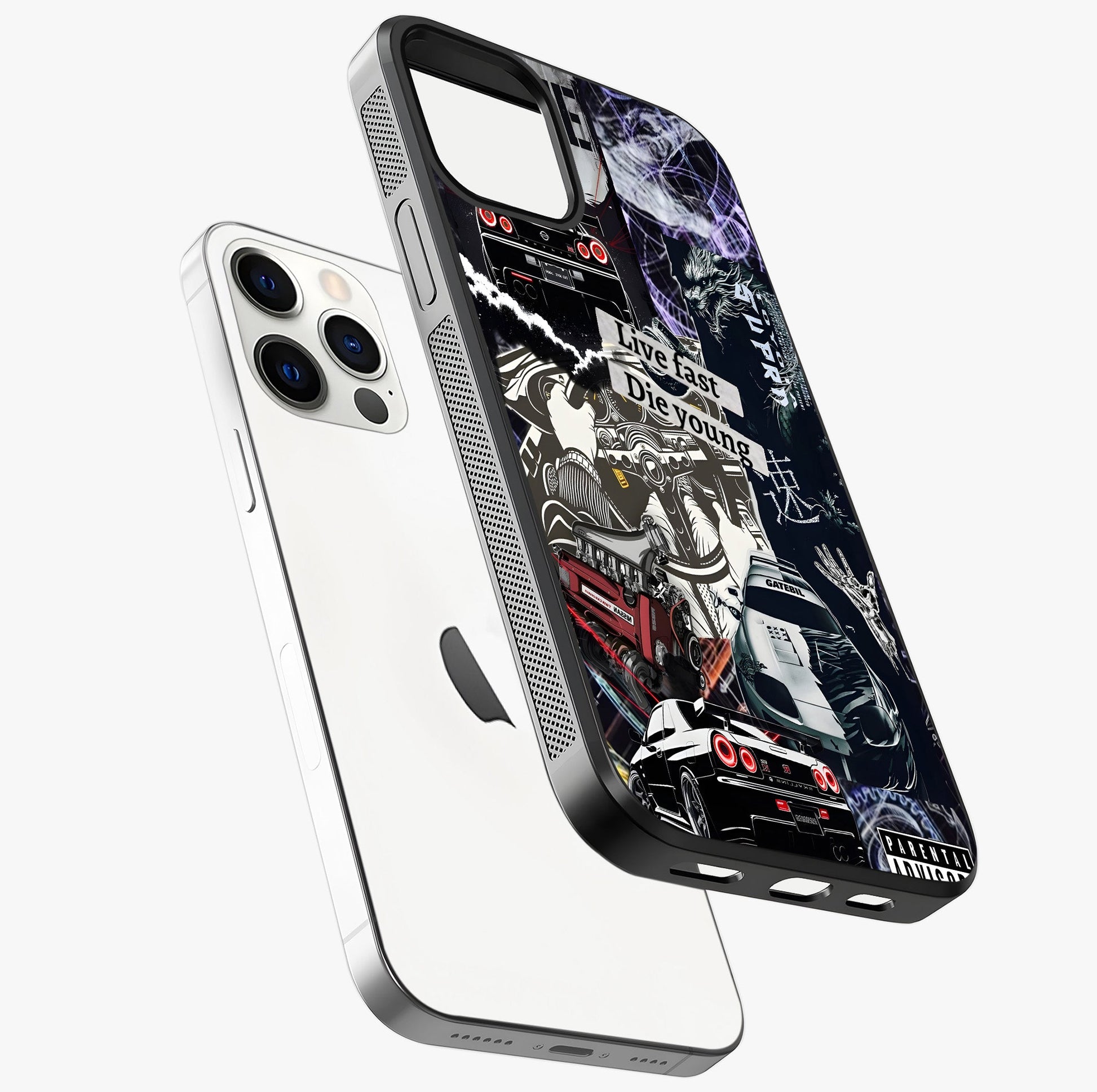Die Young Glass Case laid diagonally highlighting side profile, edges and glossy glass shine.