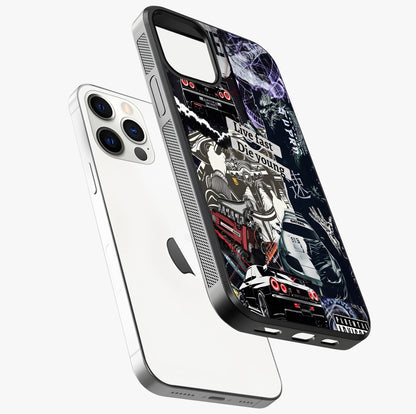 Die Young Glass Case laid diagonally highlighting side profile, edges and glossy glass shine.