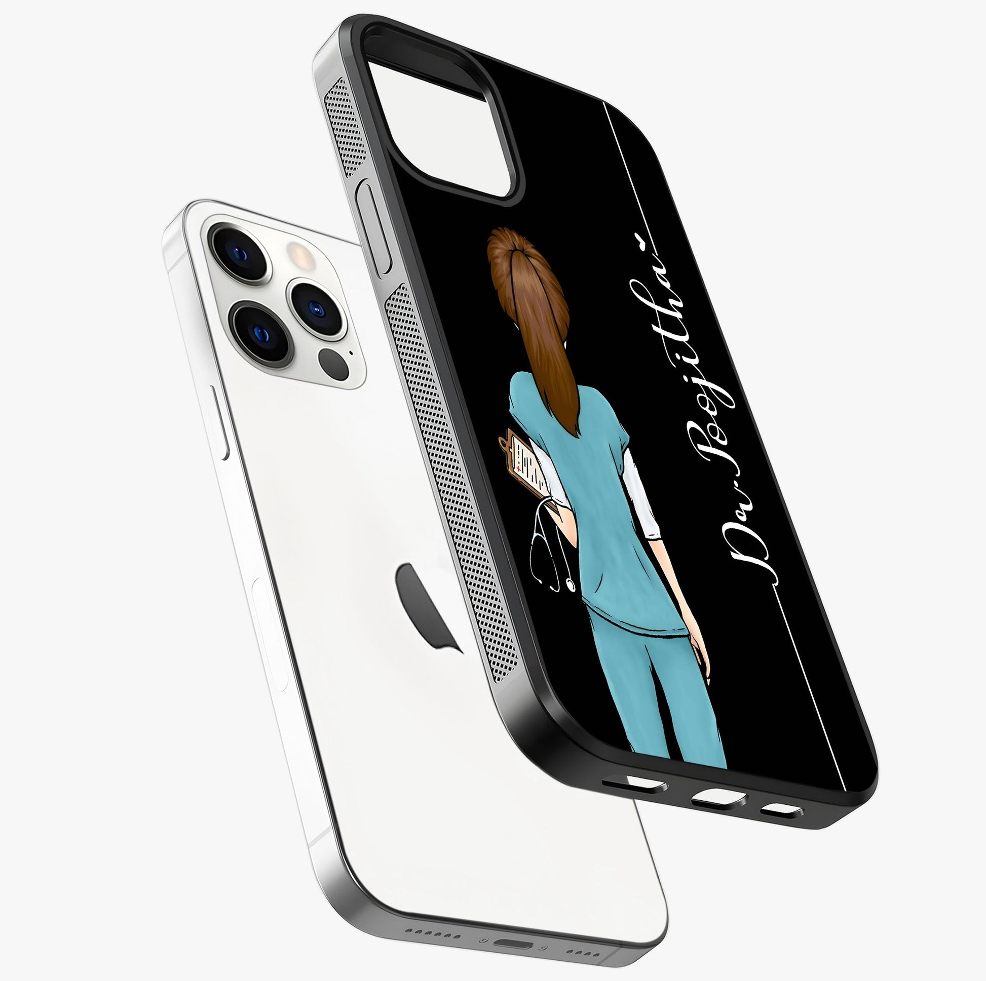 Doctor Pattern Custom Name Glass Case laid diagonally highlighting side profile, edges and glossy glass shine.