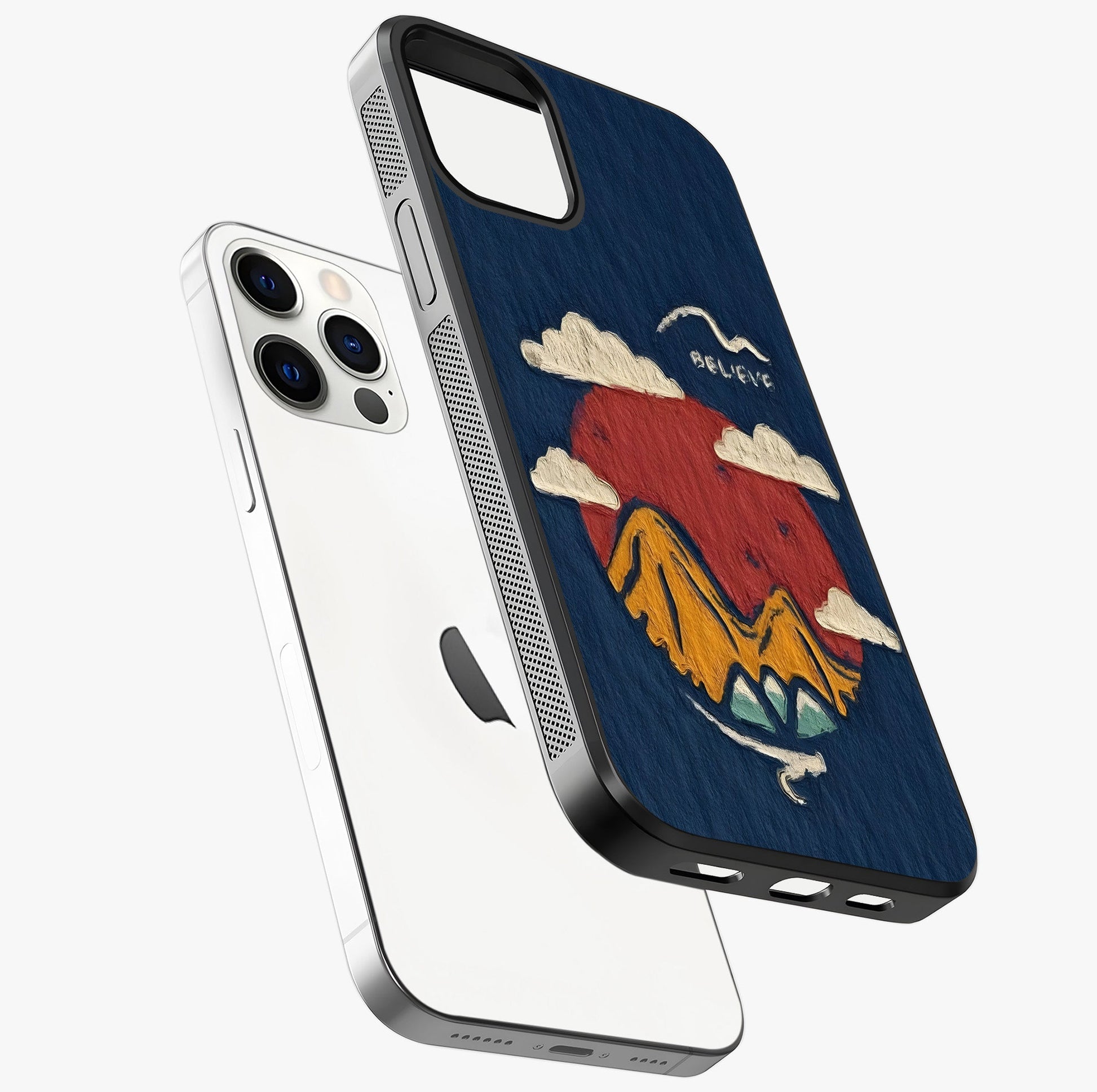 Dream Beyond Mountains Glass Case laid diagonally highlighting side profile, edges and glossy glass shine.