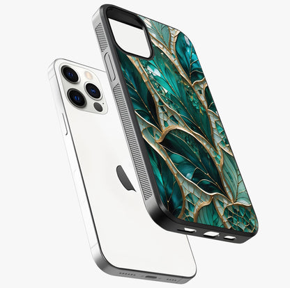 Emerald Leaf Glass Glass Case laid diagonally highlighting side profile, edges and glossy glass shine.