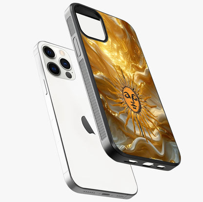Eternal Golden Glow Glass Case laid diagonally highlighting side profile, edges and glossy glass shine.
