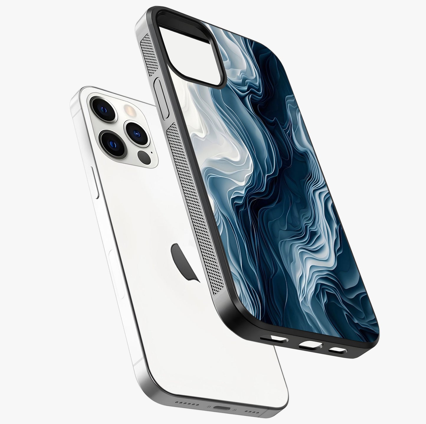 Ethereal Paper Marble Glass Case laid diagonally highlighting side profile, edges and glossy glass shine.