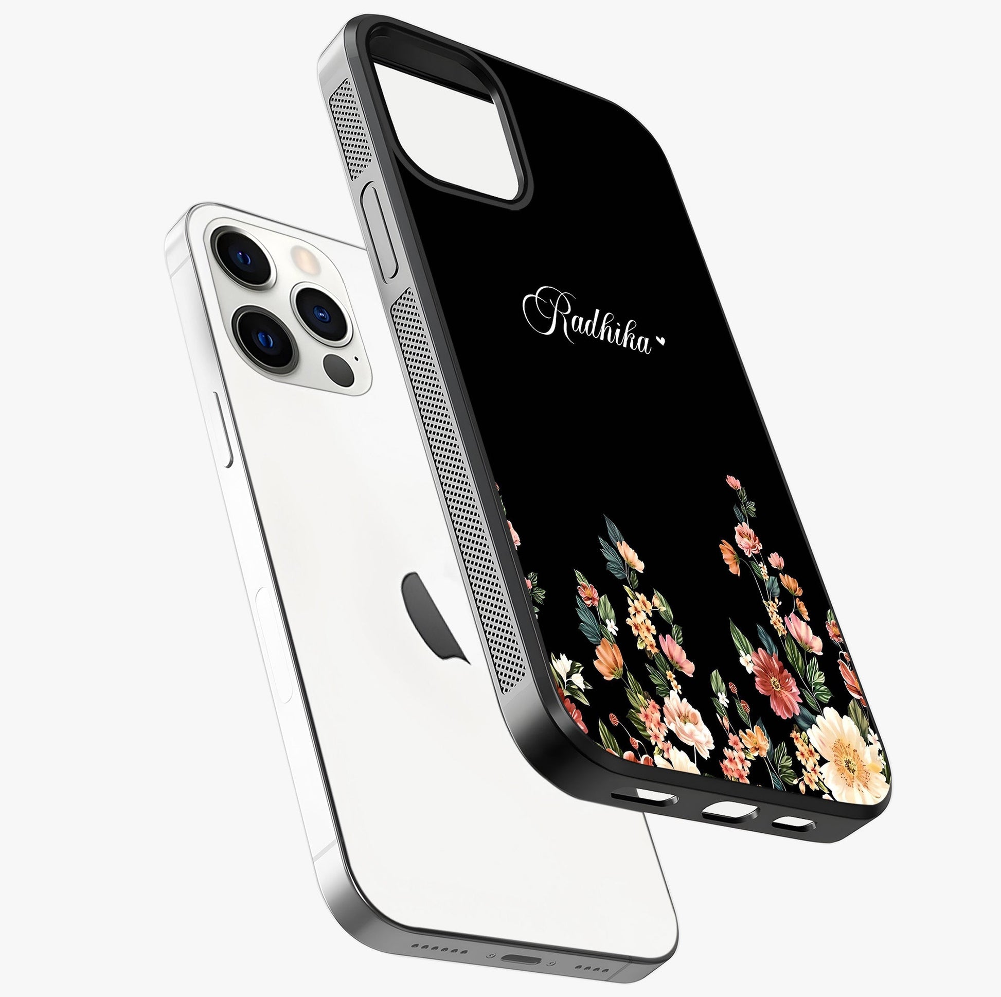 Floral Design With A Custom Personalized Name Glass Case laid diagonally highlighting side profile, edges and glossy glass shine.
