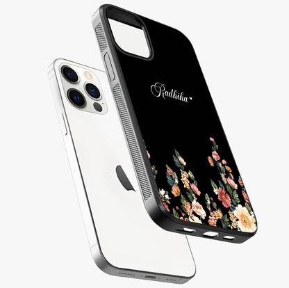 Floral Design With A Custom Personalized Name Glass Case laid diagonally highlighting side profile, edges and glossy glass shine.