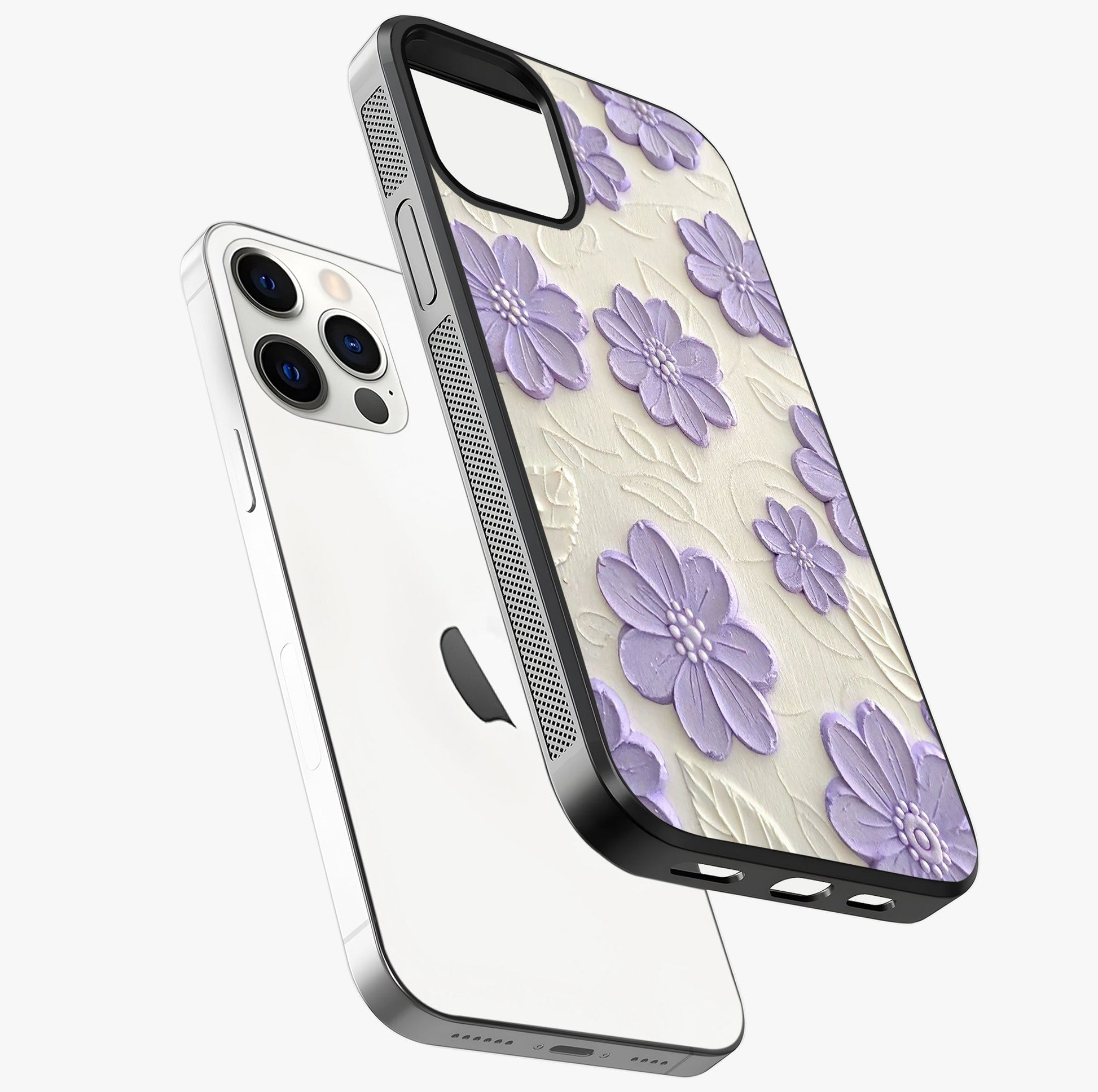 Floral Wall Art With Purple Flowers Glass Case laid diagonally highlighting side profile, edges and glossy glass shine.