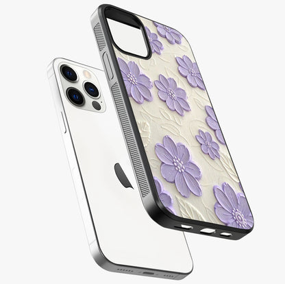Floral Wall Art With Purple Flowers Glass Case laid diagonally highlighting side profile, edges and glossy glass shine.