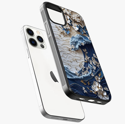 Floral Wave Origami Glass Case laid diagonally highlighting side profile, edges and glossy glass shine.